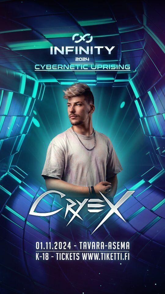 𝐂𝐑𝐘𝐄𝐗 🌈

The first artist who will be leading us against the cybernetic uprising is Cryex! His music masterfully combines powerful kicks with energetic melodies, and he is sure to get the entire Tavara-Asema moving. Cryex's career has recently made big advancements, earning him performances on increasingly larger stages such as the BLUE stage of Defqon, which was filled with ravers 💙

Tickets for Infinity are on sale at Tiketti. Last year Infinity was sold out and tickets are once again moving quickly, so make sure to secure your spot for the highlight of this autumn early!

TICKETS & INFO:
Regular ticket 55 €
VIP-ticket 90 €
🔐 All tickets include cloakroom service cost
Link in bio

#cryex #infinity #infinity2024 #hardvoltage #hardvoltageevents #rawstyle #hardstyle #hardstylefinland #harddance #tavaraasema #tampere #raves #reivit