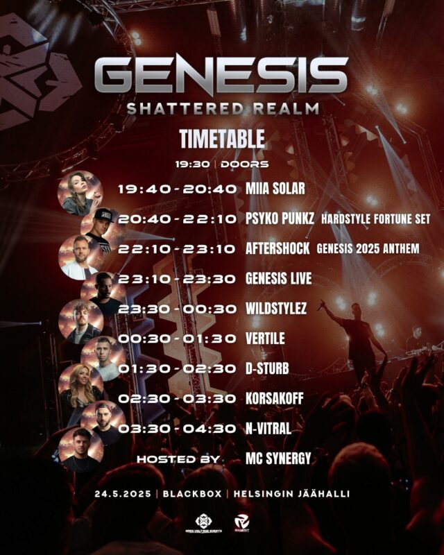 𝐆𝐄𝐍𝐄𝐒𝐈𝐒 𝐓𝐈𝐌𝐄𝐓𝐀𝐁𝐋𝐄 𝐈𝐒 𝐇𝐄𝐑𝐄 ⚡

The playtimes are set, and the excitement is real: Genesis 2025 timetable is here!

From the opening beats to the final drop, get ready for non-stop hardstyle and hardcore madness on our epic stage. Pure energy and good times all night long - this event will be one to remember.

Only 3 weeks to go until this night arrives. Secure your tickets from Biletti, link in bio ⚡

#genesis2025 #timetable #hardstyle #hardstylefinland #helsinginjäähalli